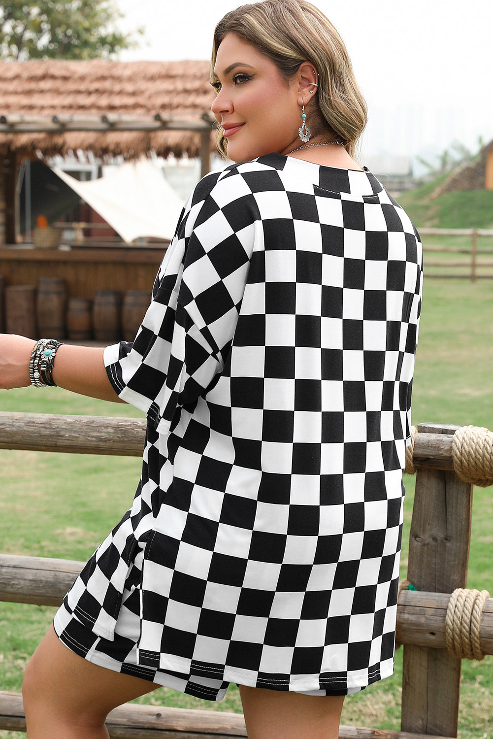 Black Checkered Pattern Tee and Shorts PLUS Size Two Piece Set