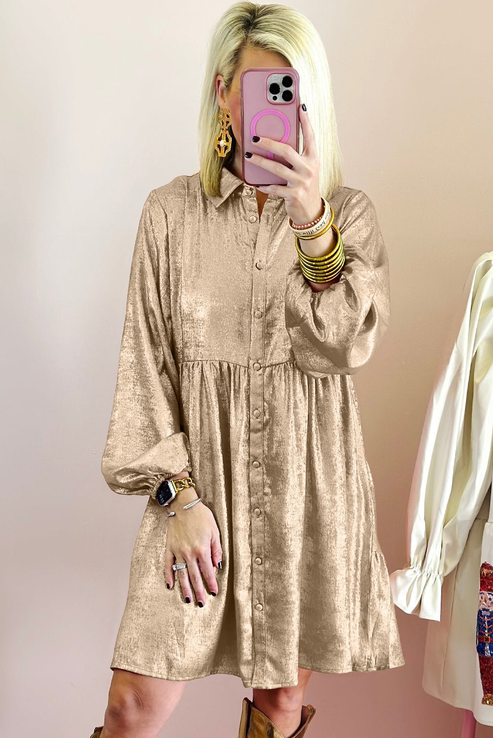 Metallic Sheen Puff Sleeve Mini Shirt Dress Gold