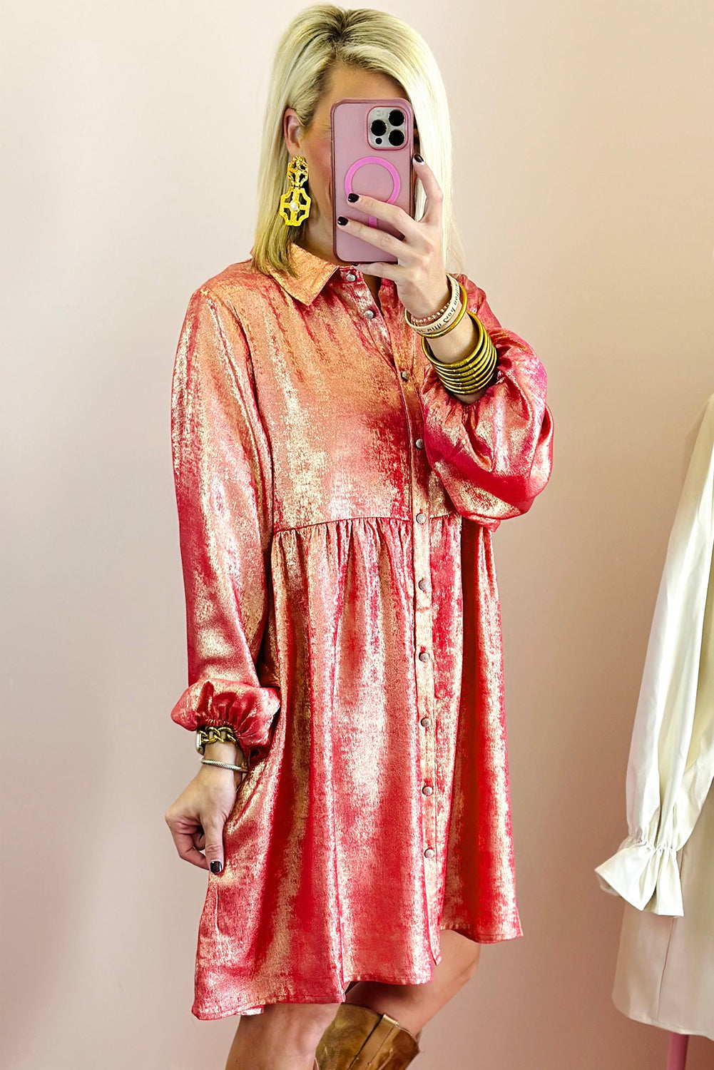 Metallic Sheen Puff Sleeve Mini Shirt Dress Peach