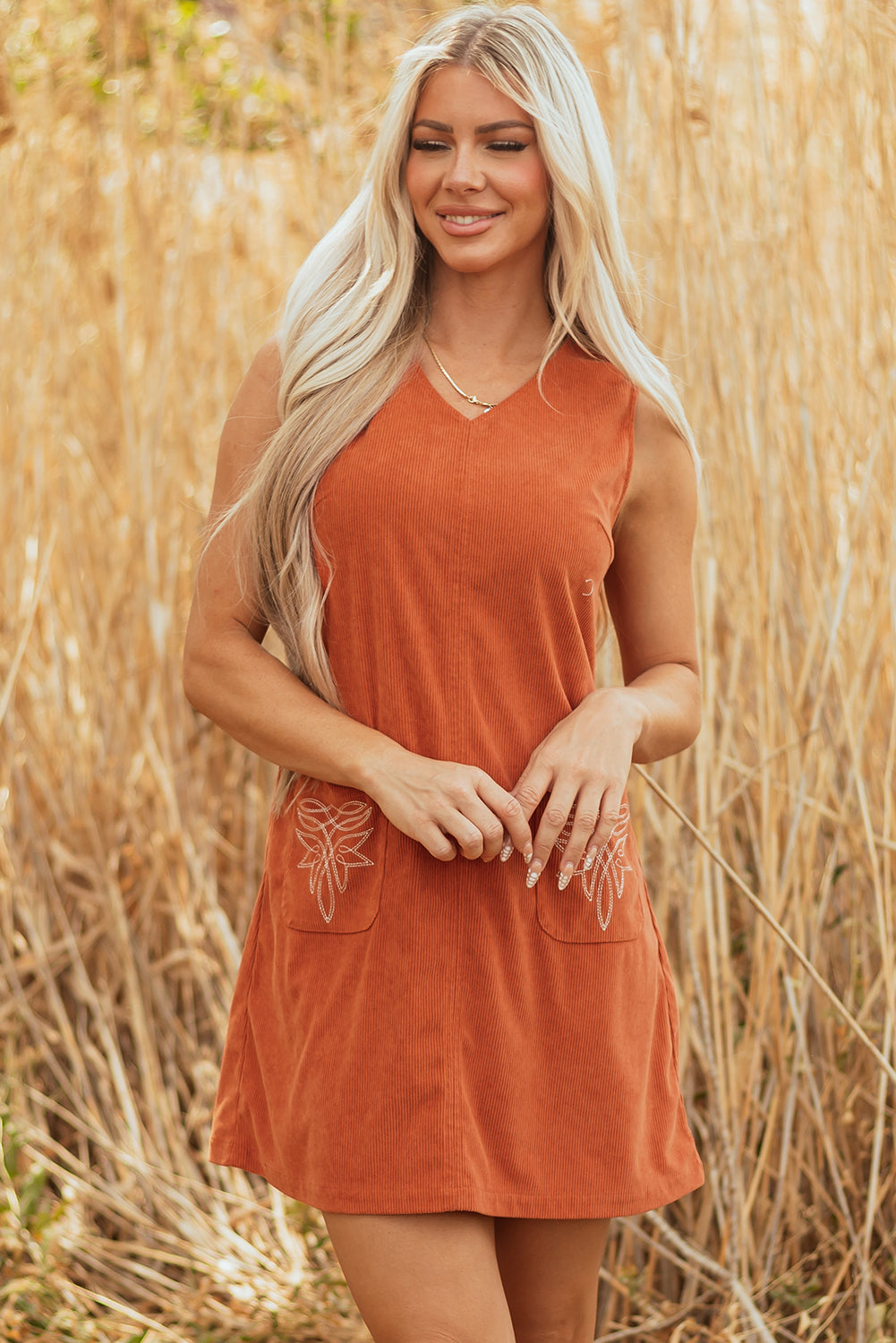 Corduroy Embroidered Pocket Shift Mini Dress
