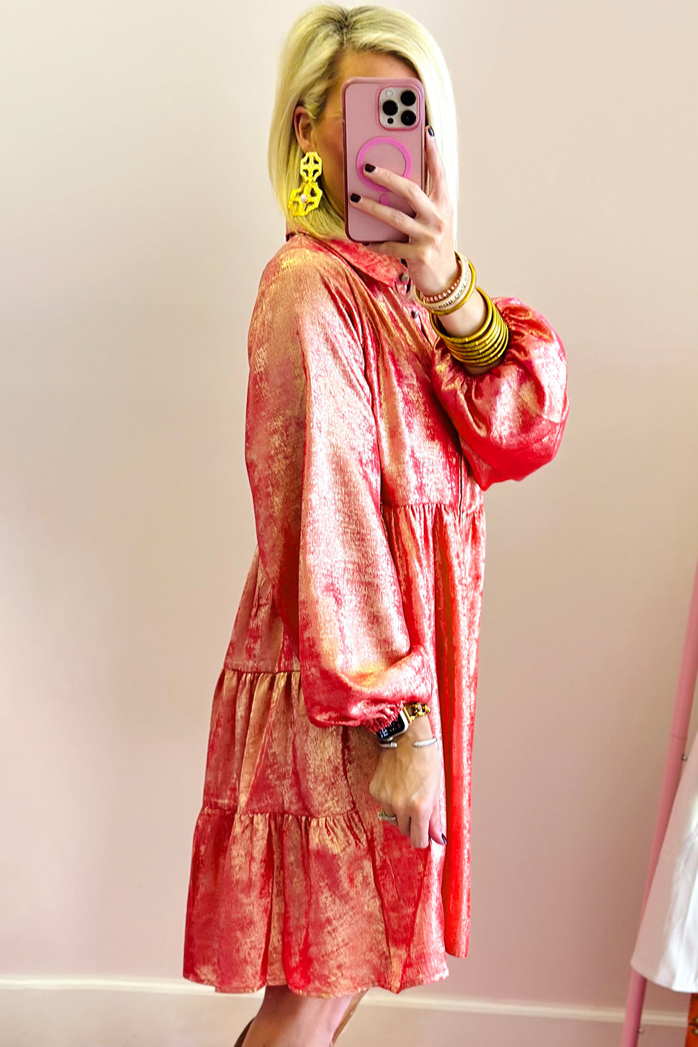 Metallic Sheen Puff Sleeve Mini Shirt Dress Peach