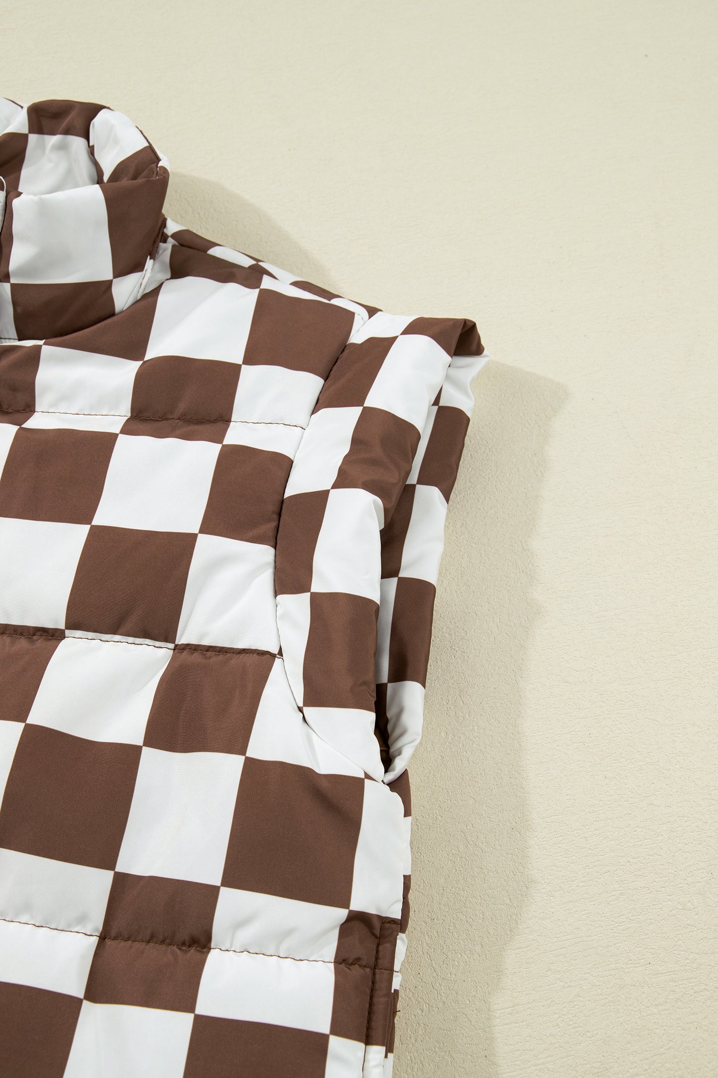 Brown Double Checked Stand Collar Cropped Puffer Vest