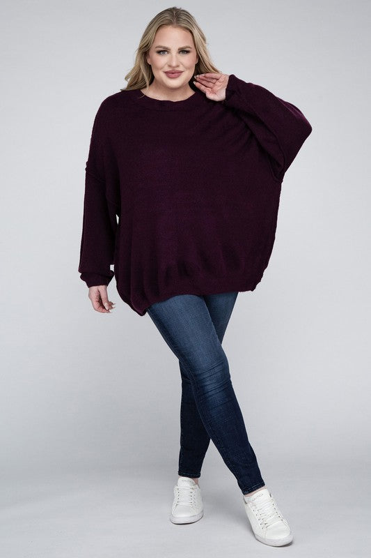 Oversized Round Neck Raw Seam Melange Sweater PLUS