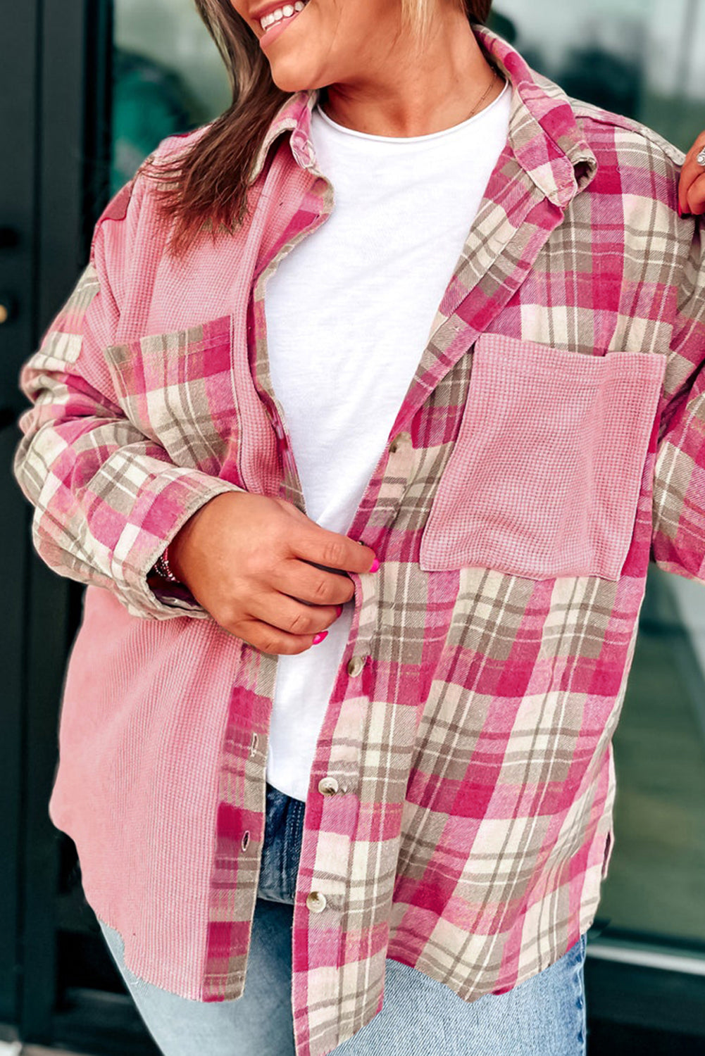 Pink Waffle Patch Pocket Plaid Patchwork Plus Size Shirt