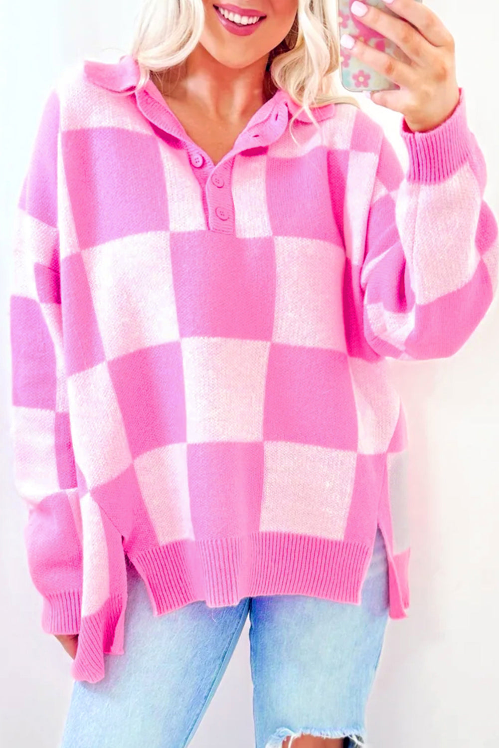 Pink Checkered Half Button Sweater