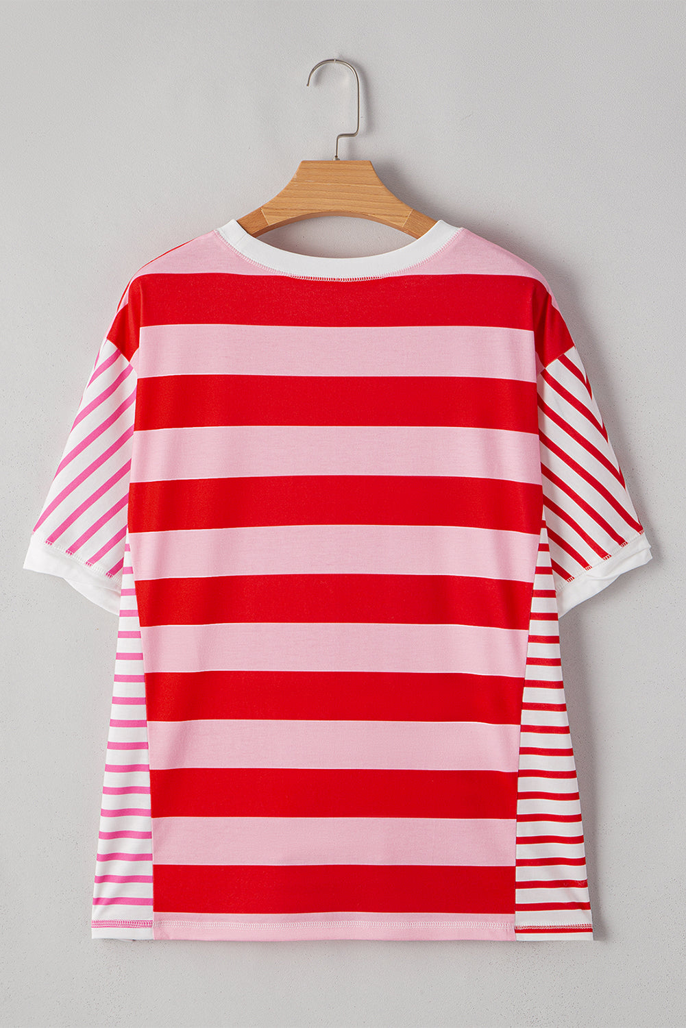 Pink Stripe Patchwork Round Neck Side Split Loose T Shirt