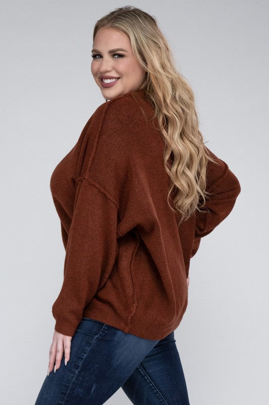 Oversized Round Neck Raw Seam Melange Sweater PLUS