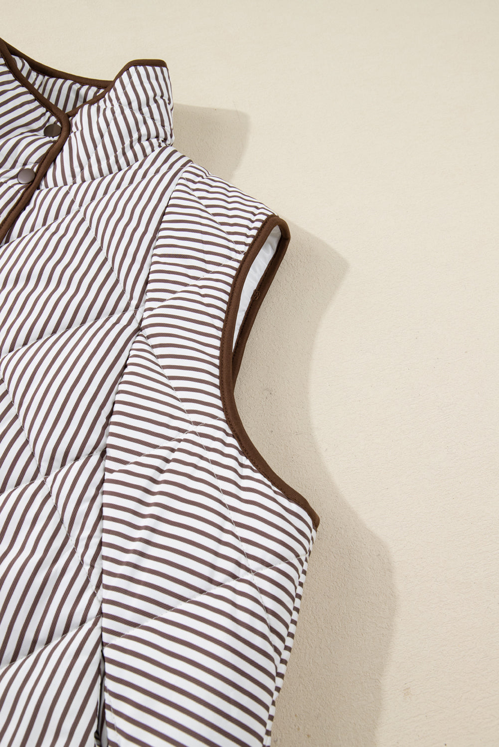 Brown Stripe Quilted Wavy Hem Snap Button Plus Size Vest