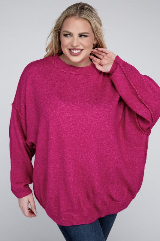 Oversized Round Neck Raw Seam Melange Sweater PLUS