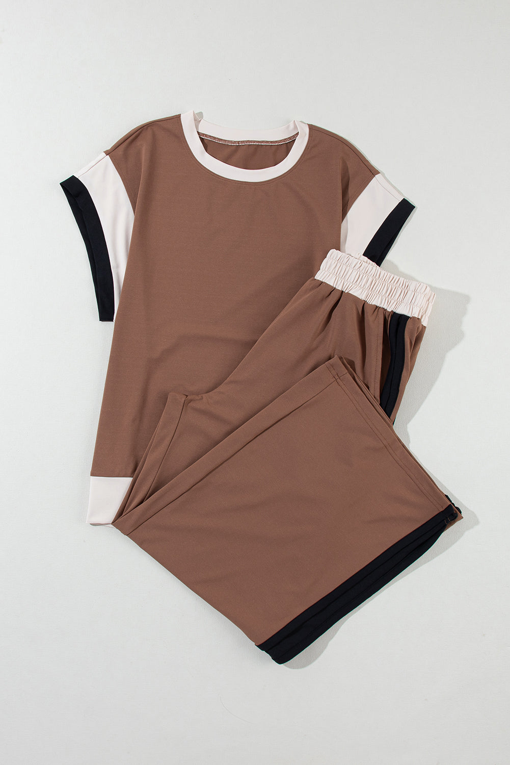 Chestnut Color Block Detail Casual Two-piece Outfit