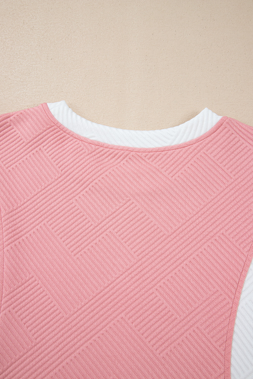 Pink Textured Colorblock Patchwork Tee Two Piece Shorts Set