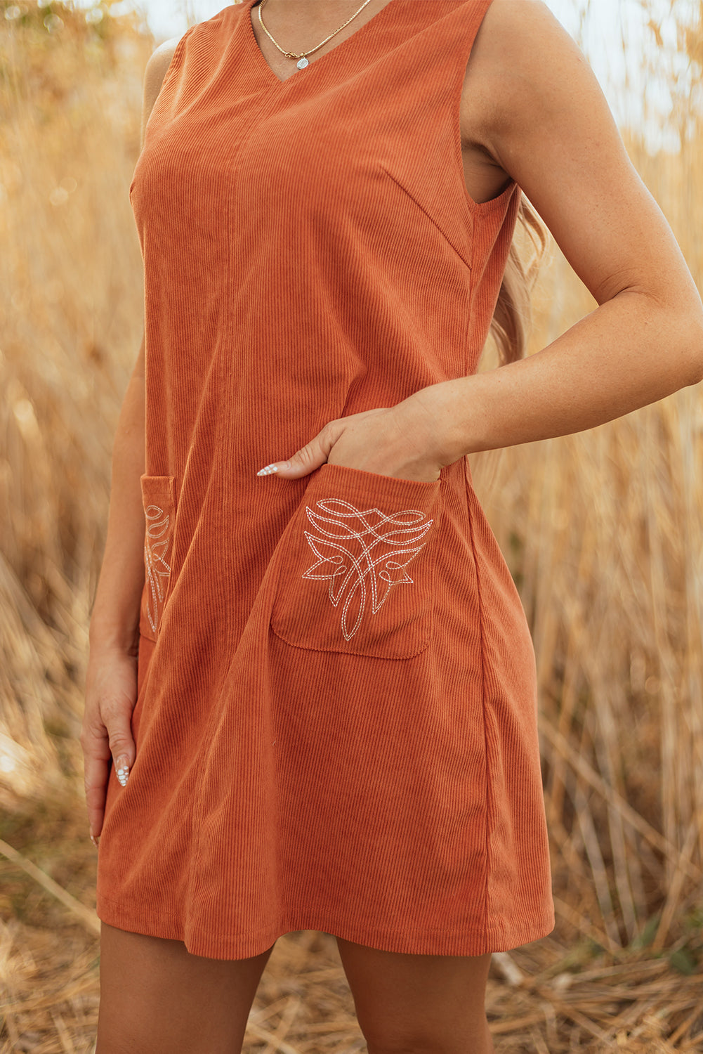 Corduroy Embroidered Pocket Shift Mini Dress