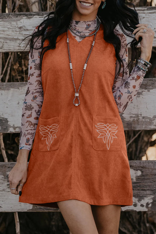 Corduroy Embroidered Pocket Shift Mini Dress