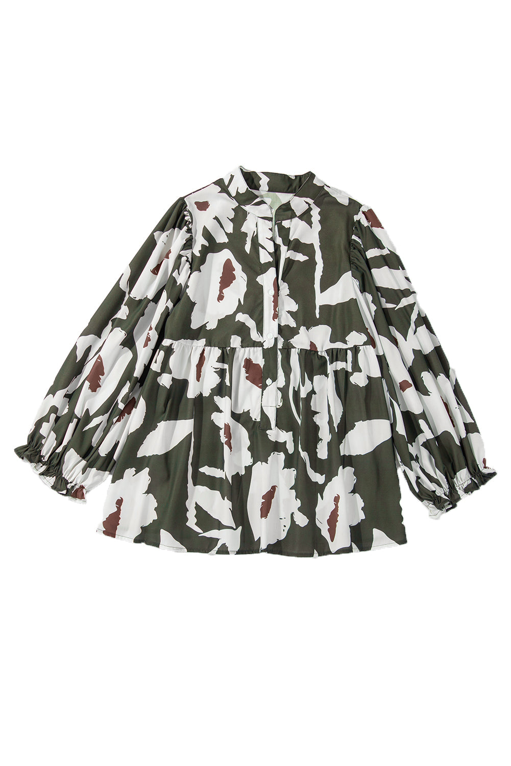 Abstract Floral Print Puff Sleeve Half Button Blouse