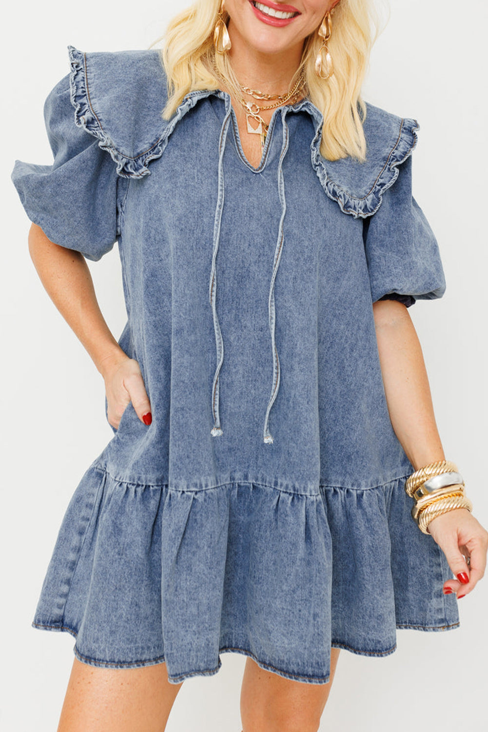 Dusk Blue Ruffled Denim Mini Dress