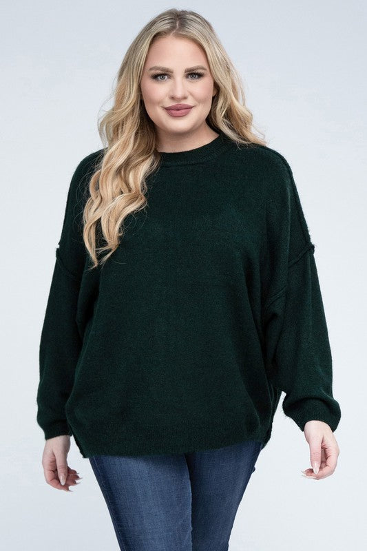 Oversized Round Neck Raw Seam Melange Sweater PLUS