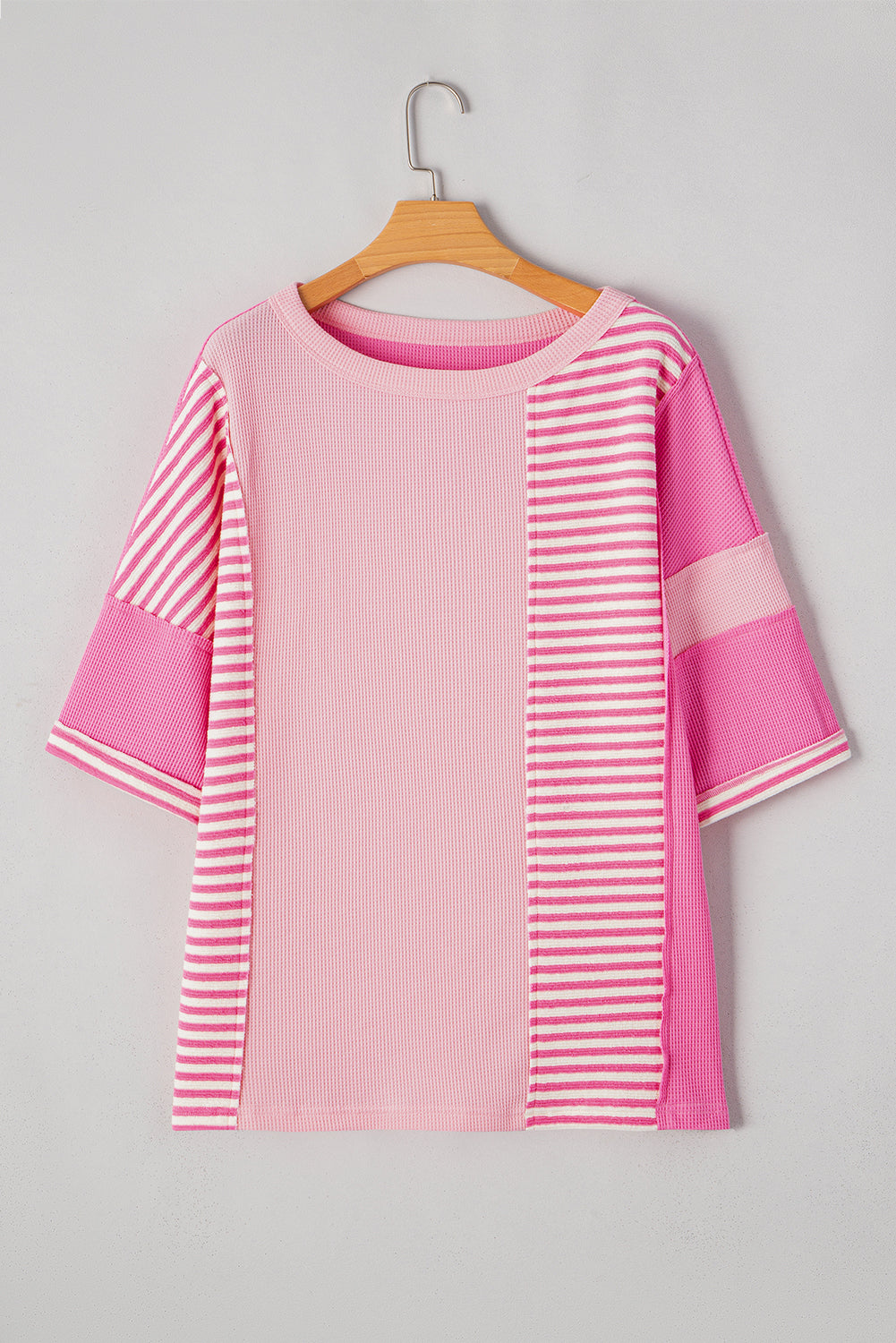 Pink Stripe Color Block Patchwork Loose Half Sleeve T Shirt