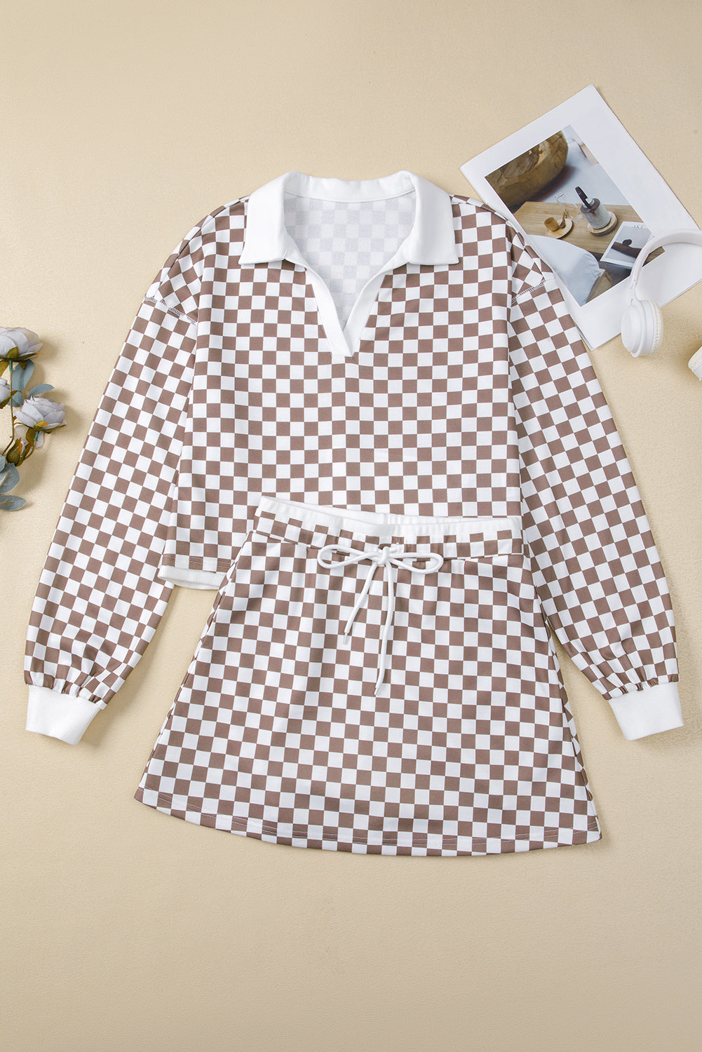 Khaki Checkered Print Polo Collar Cropped Long Sleeve Top Drawstring Mini Skirt Set