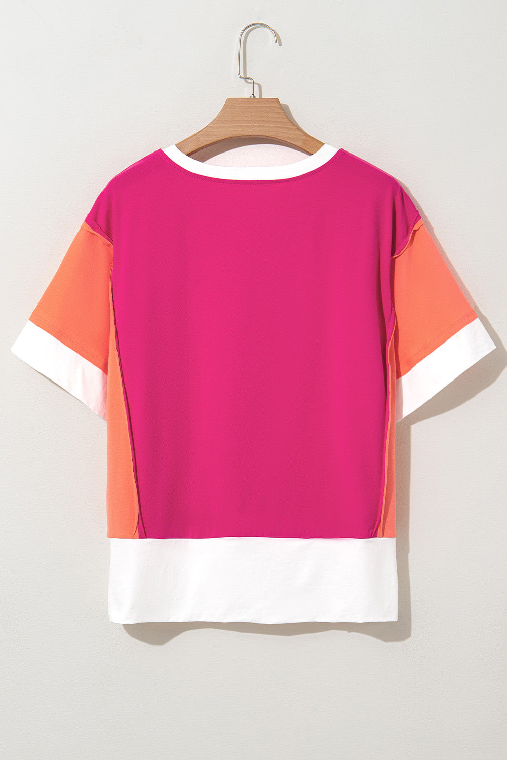 Rose Red Color Block Patchwork Side Slits Loose Fit T Shirt