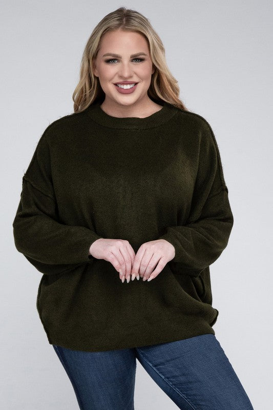 Oversized Round Neck Raw Seam Melange Sweater PLUS