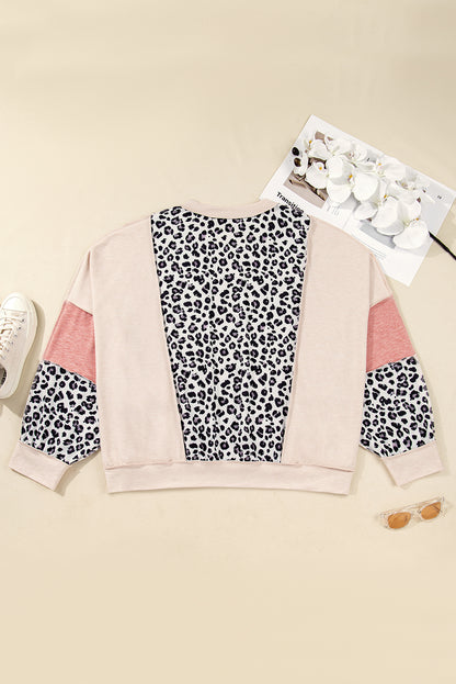 Gray Leopard Color Block Patchwork Reverse Stitch Plus Size Baggy Pullover