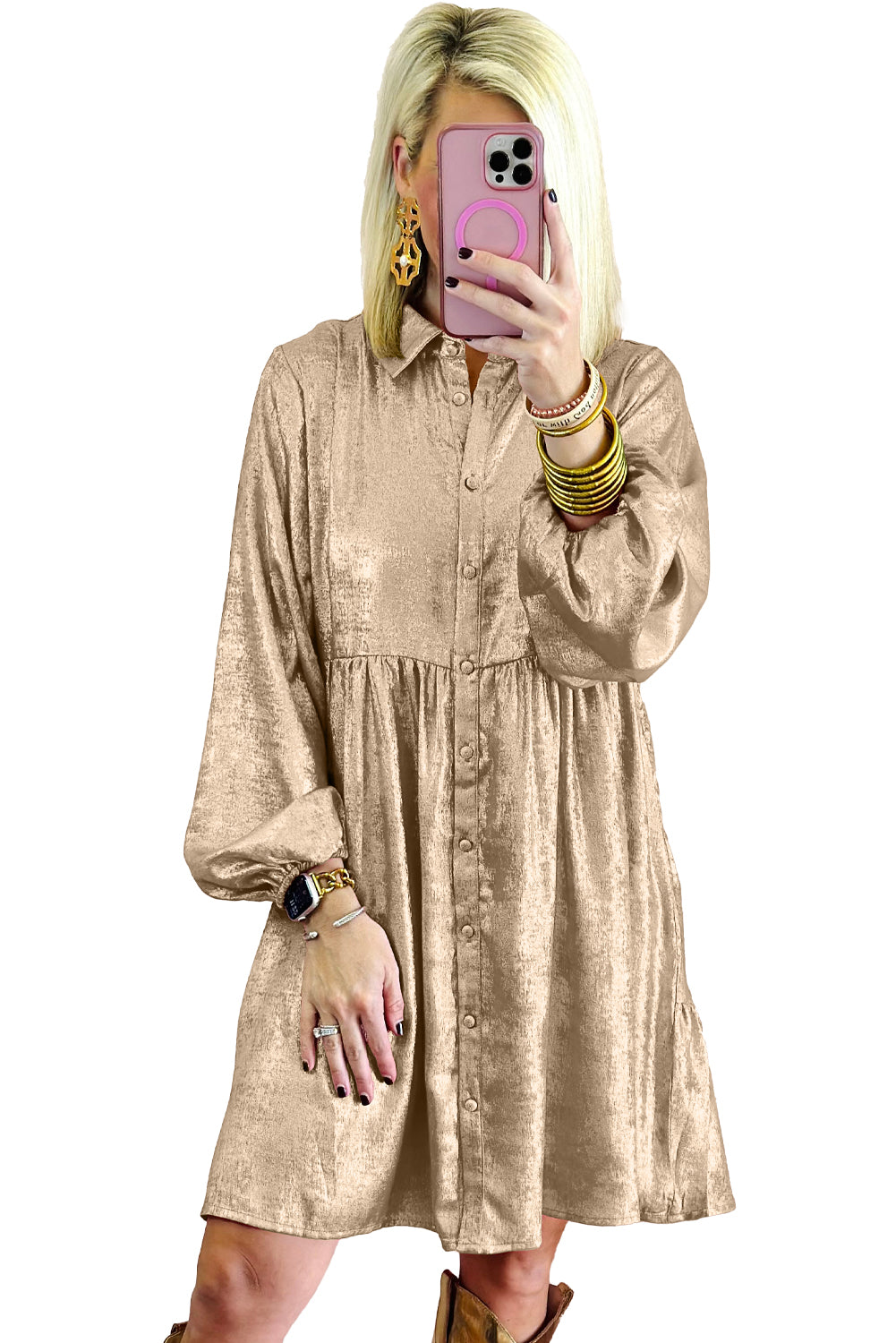 Metallic Sheen Puff Sleeve Mini Shirt Dress Gold