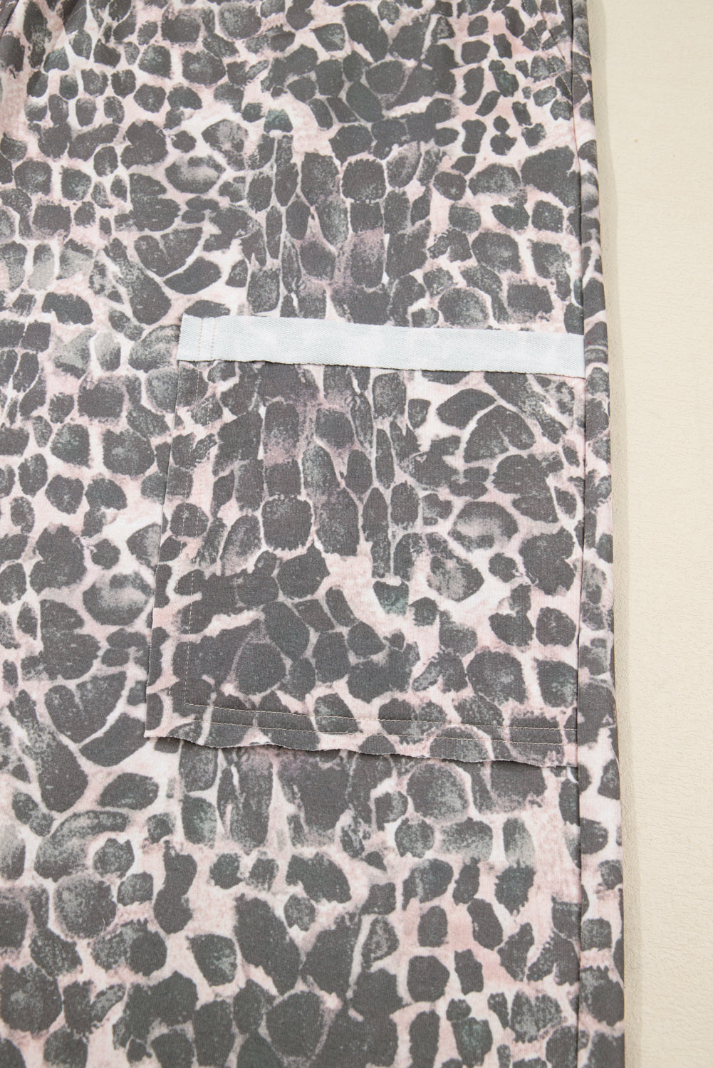 Khaki Plus Size Leopard Print Raw Edge Patch Pocket Drawstring Loose Pants