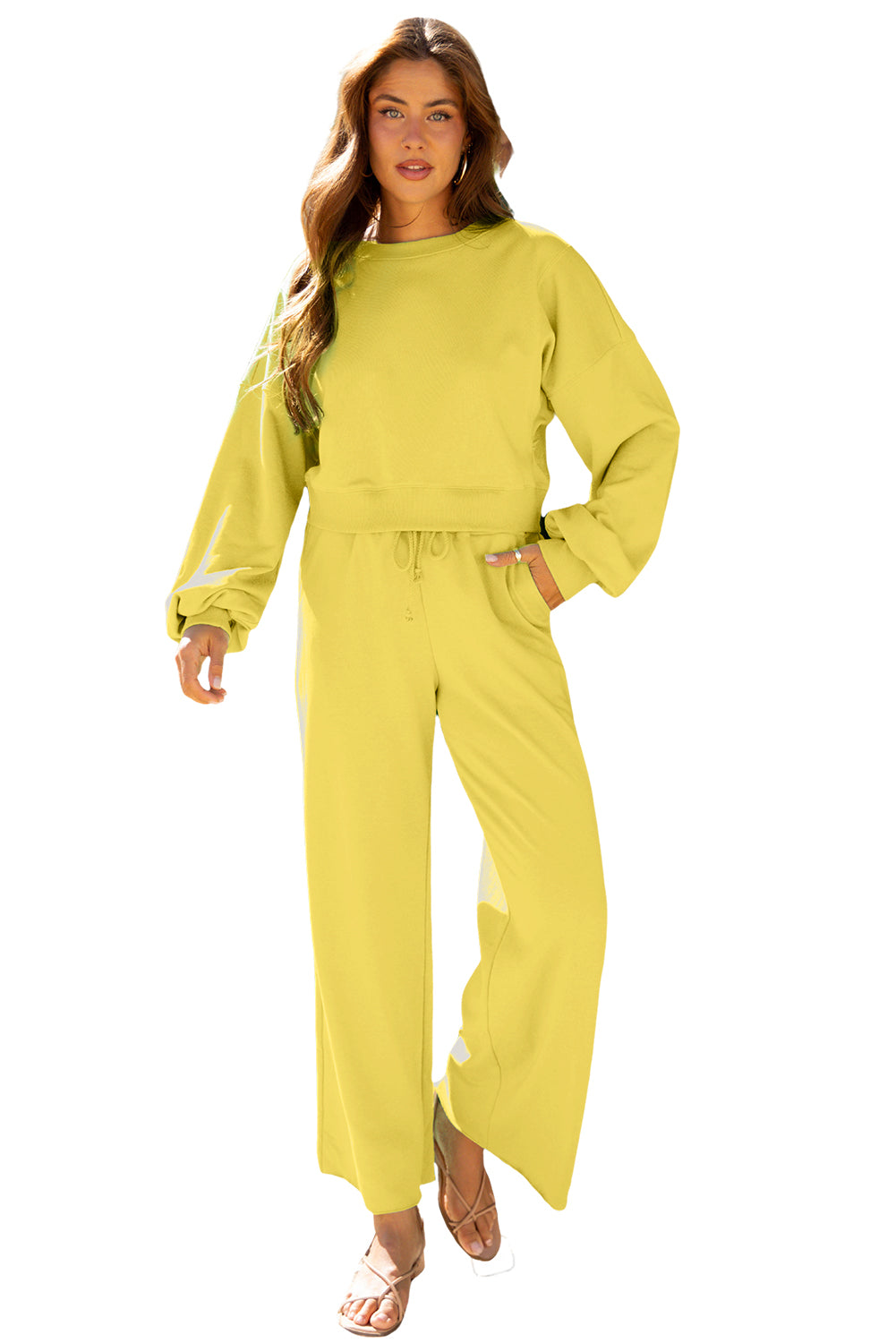 Yellow Puff Sleeve Pullover and Wide Leg Pants Set