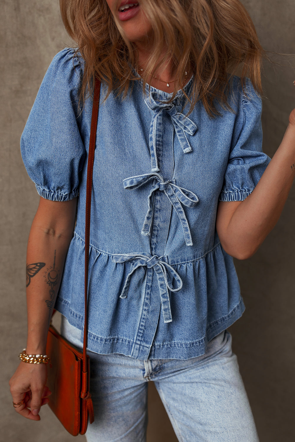 Tie Front Bubble Sleeve Denim Shirt