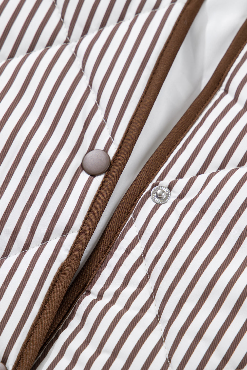 Brown Stripe Quilted Wavy Hem Snap Button Plus Size Vest