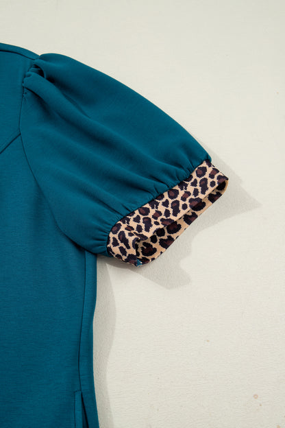 Sea Green Leopard Patchwork Detail Quarter Zip Collared Plus Size Mini Dress