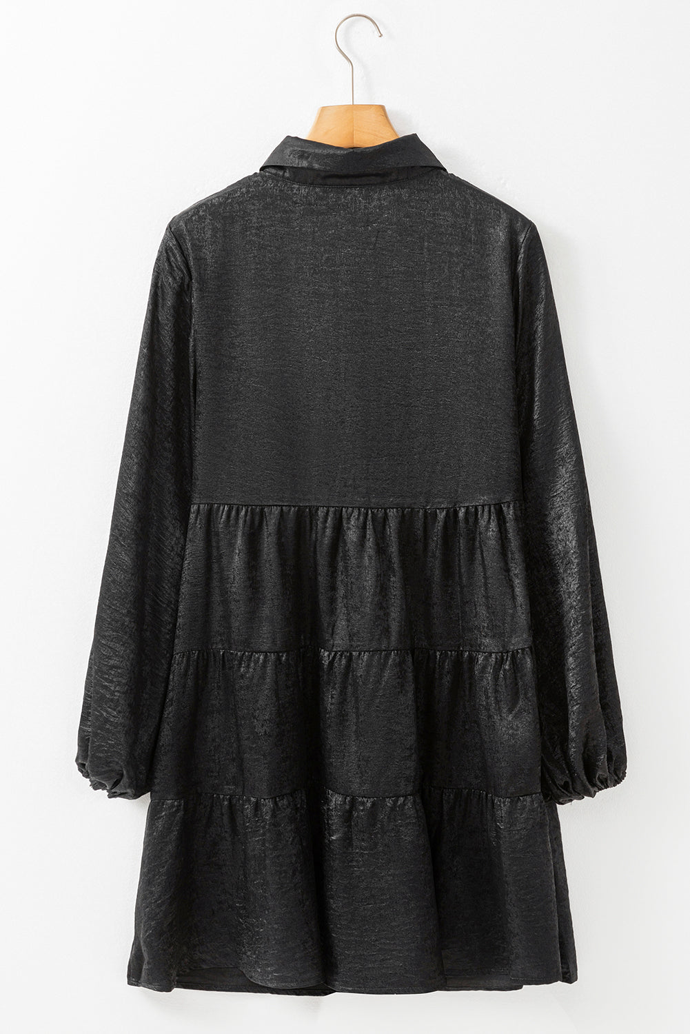 Metallic Sheen Puff Sleeve Mini Shirt Dress Black