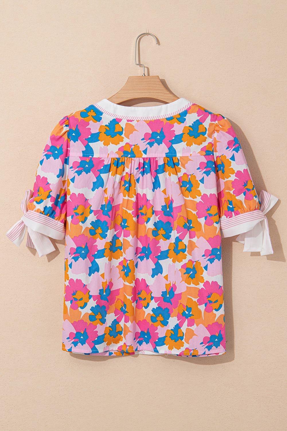 White Floral Colorblock Striped Edge V Neck Knotted Short Sleeve Blouse
