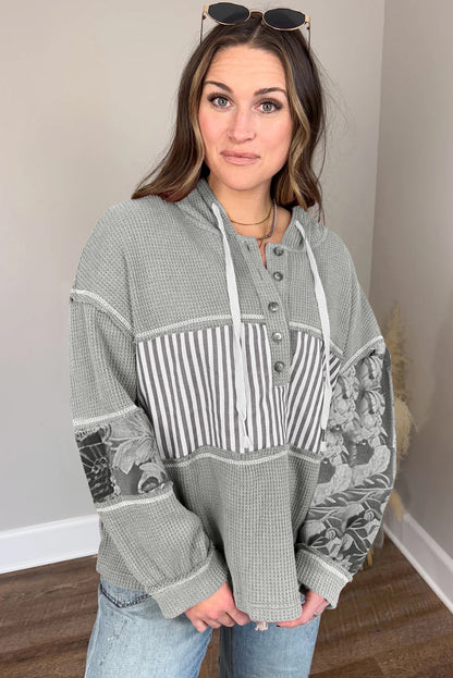 Gray Mixed Pattern Waffle Knit Patchwork Half Buttons Plus Hooded Top