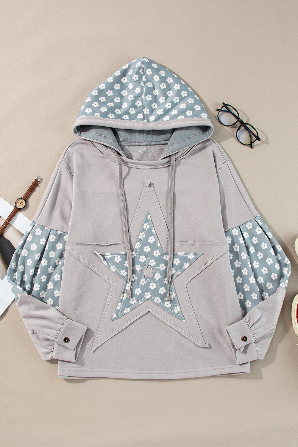 Blue Floral Patchwork Star Pattern Hoodie