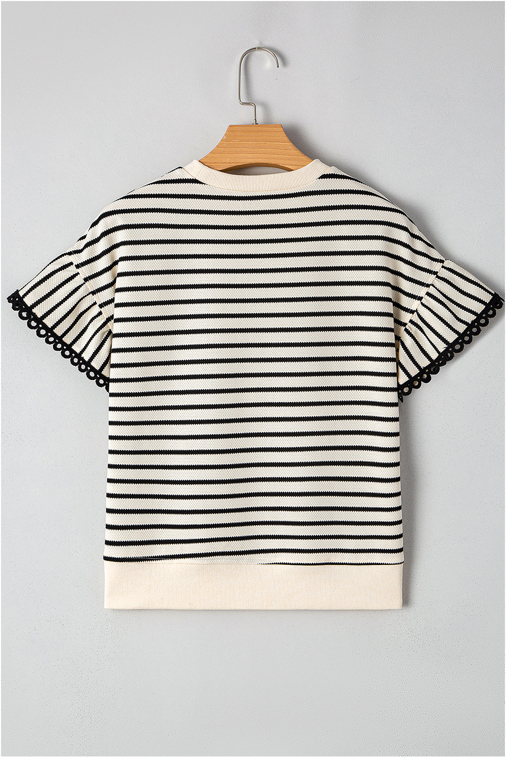 Black Stripe Scallop Lace Trim Ruffle Short Sleeves Crewneck Top