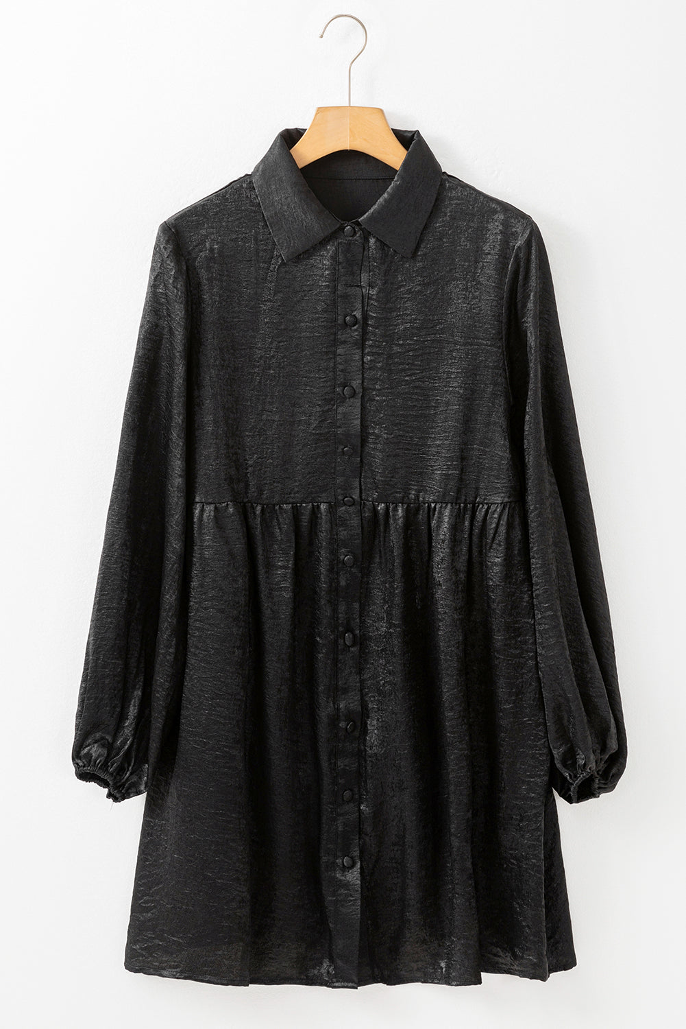 Metallic Sheen Puff Sleeve Mini Shirt Dress Black