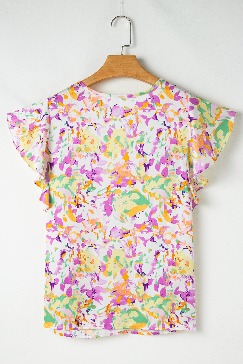 Purple Abstract Printed Ruffled Short Sleeve Notched Neck Blouse