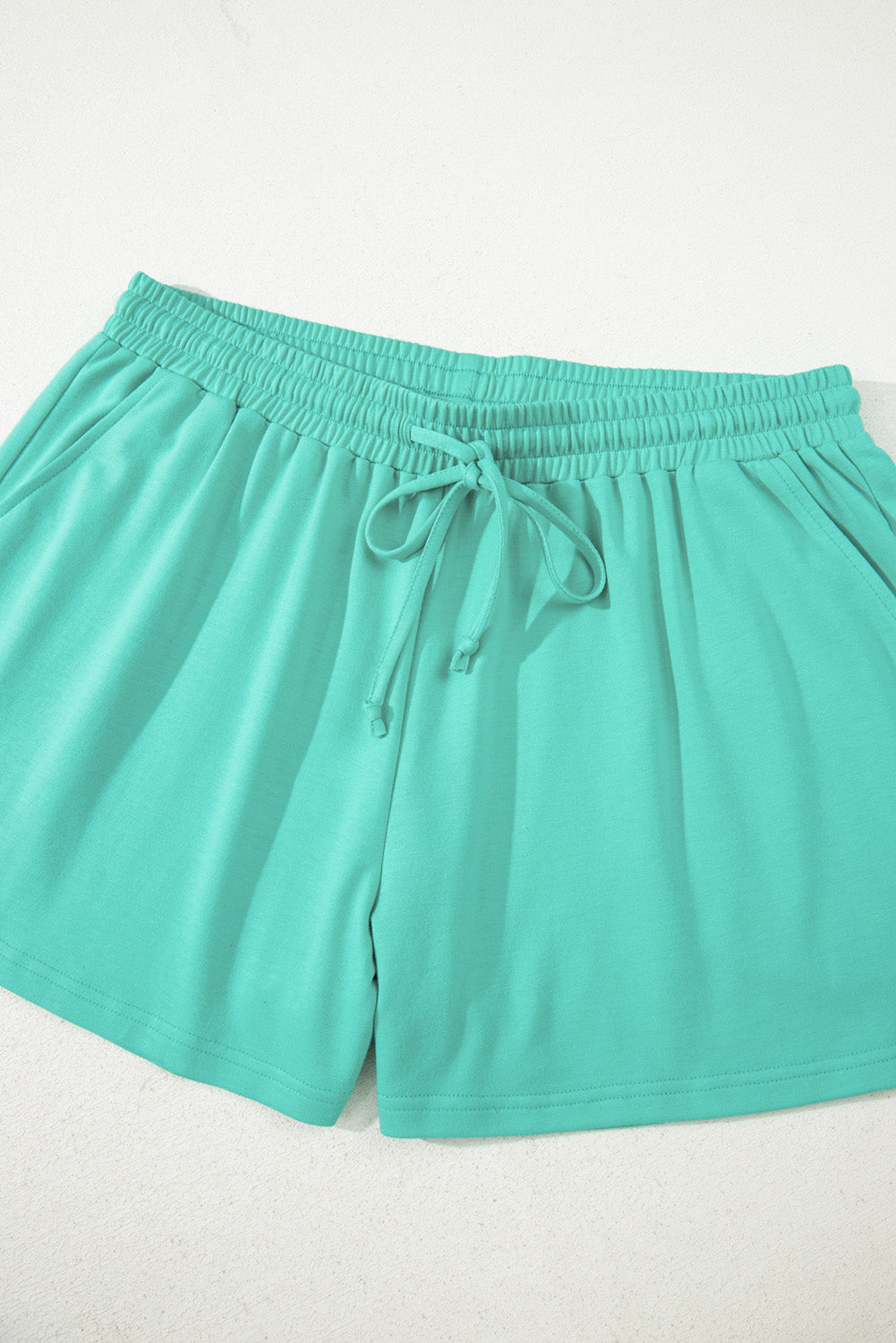 Sea Green Drop Shoulder V Neck Pullover Top and Drawstring Short Plus Size Set