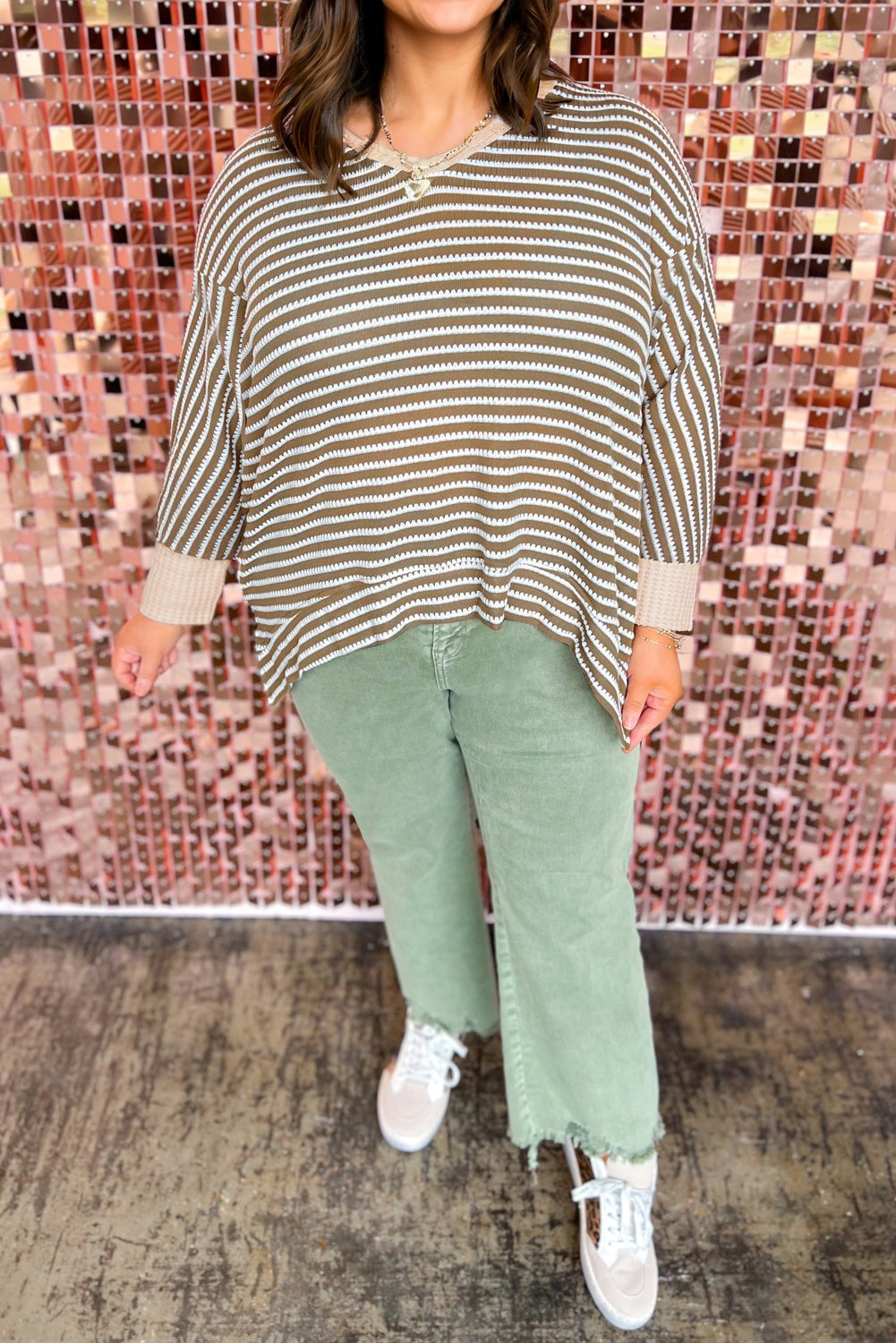 Khaki Stripe Textured Dolman Sleeve High Low Plus Size Top