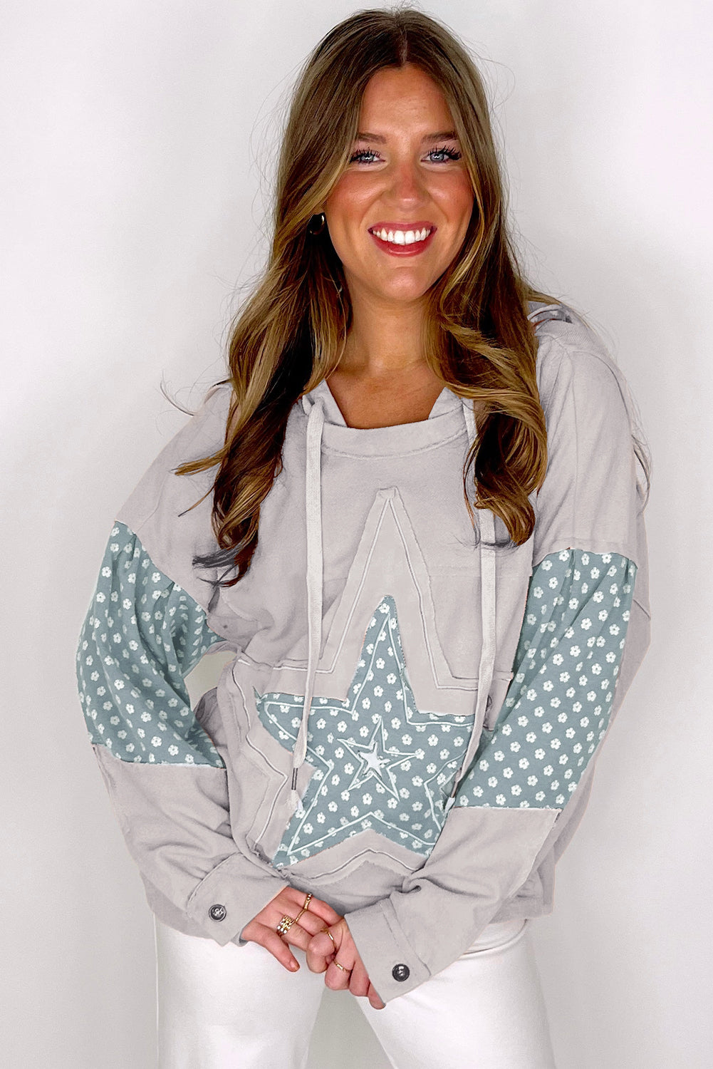Blue Floral Patchwork Star Pattern Hoodie