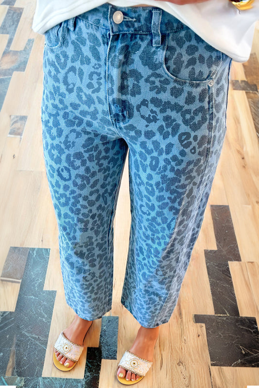 Sky Blue Leopard Print Straight Loose Jeans