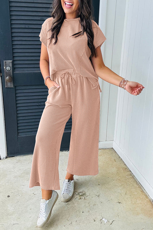 Smoke Gray Solid Corded Knit Short Sleeve top and Wide Leg Pants Set