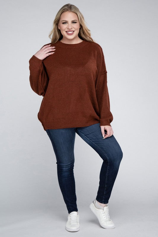 Oversized Round Neck Raw Seam Melange Sweater PLUS