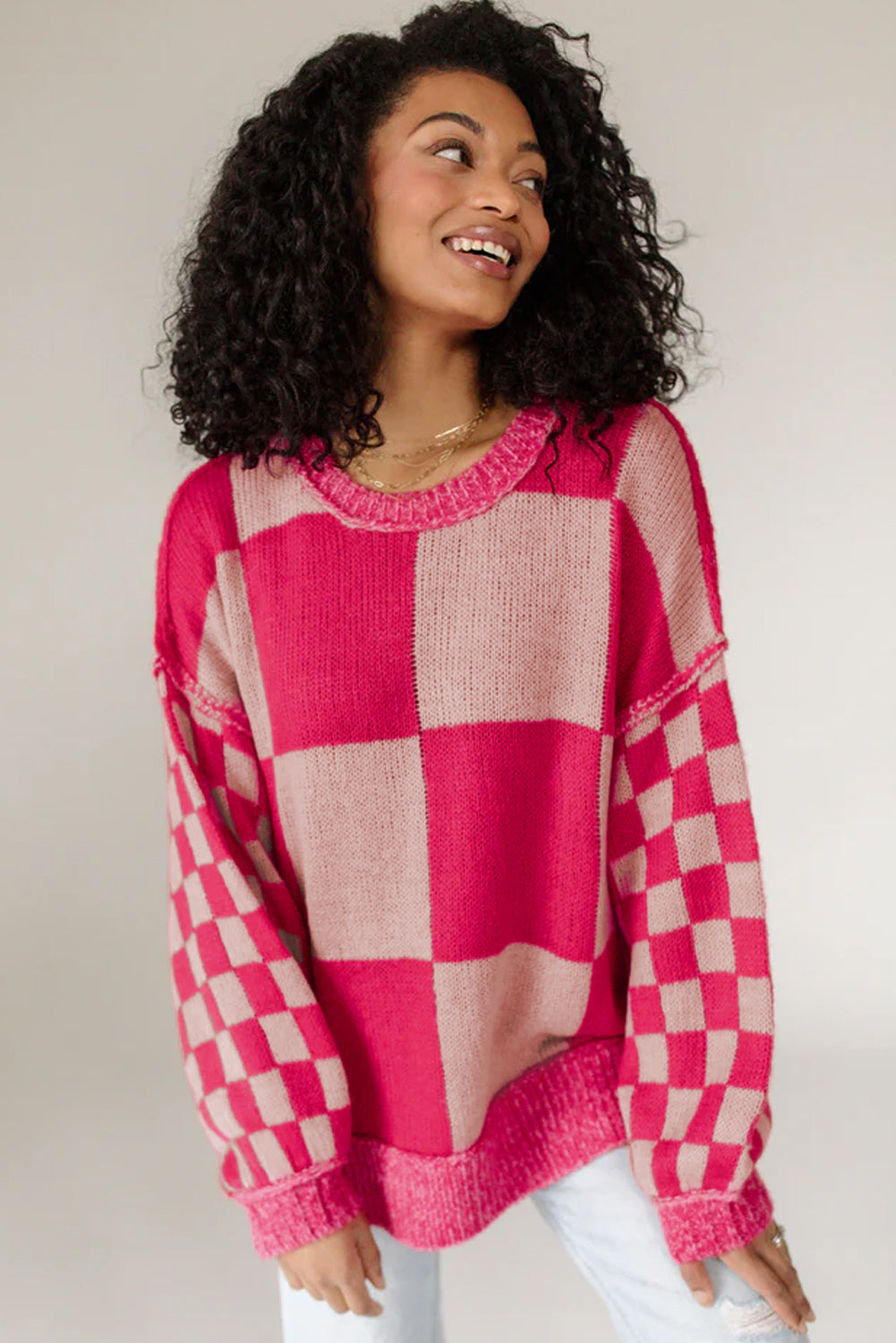 Rose Red Checkered Drop Shoulder Sweater