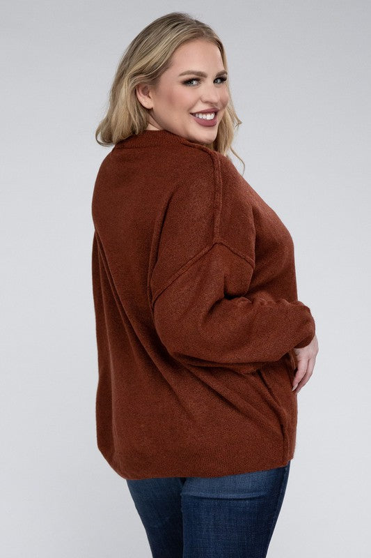 Oversized Round Neck Raw Seam Melange Sweater PLUS