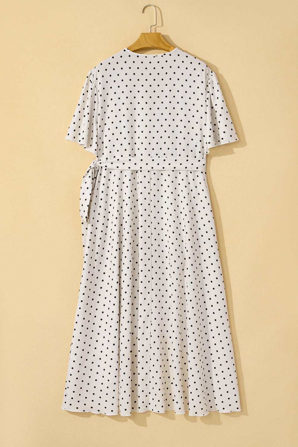 Khaki Polka Dot Surplice V Neck Tied Waist Flutter Sleeve Flowy Plus Size Midi Dress