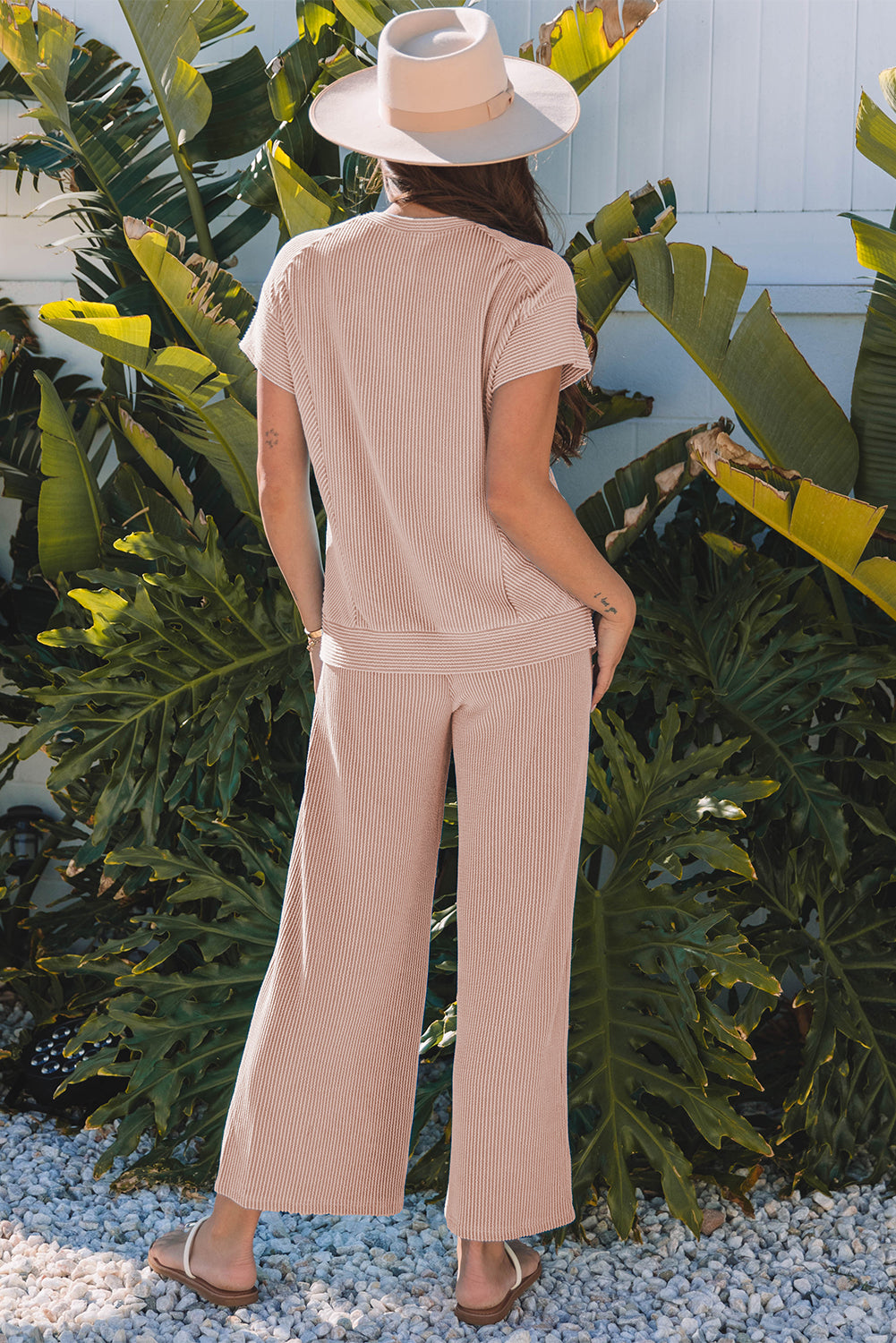 Smoke Gray Solid Corded Knit Short Sleeve top and Wide Leg Pants Set