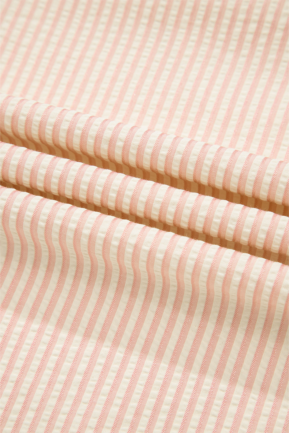 Pink Stripe Bow Knot Cuff Pearl Embellished Puff Sleeve V Neck Blouse