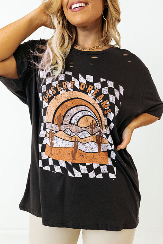 Black Checkerd DESERT DREAMS Printed Ripped Plus Size Tee